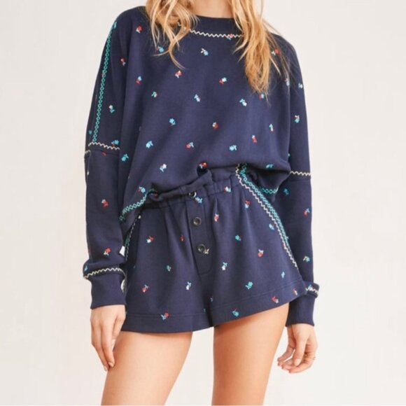 Something Navy Sweaters - Something Navy Dollie Floral Embroidered Sweatshirt matching shorts Blue